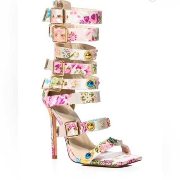 AZALEA WANG YOUR HONOR BROCADE EMBELLISHED GLADIATOR SANDAL IN  BONE 7.5 - Picture 6 of 6